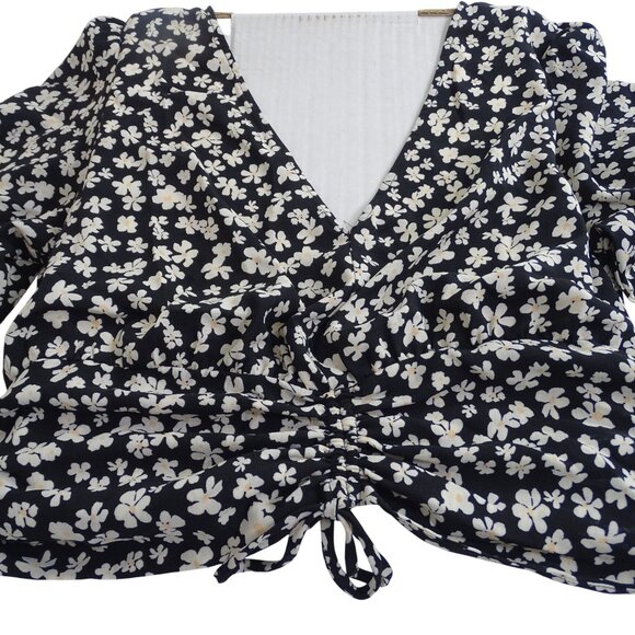 H&M Black Floral Crop Top Long Sleeve V-Neck Drawstring Hem Blouse Women Size M - Picture 2 of 12
